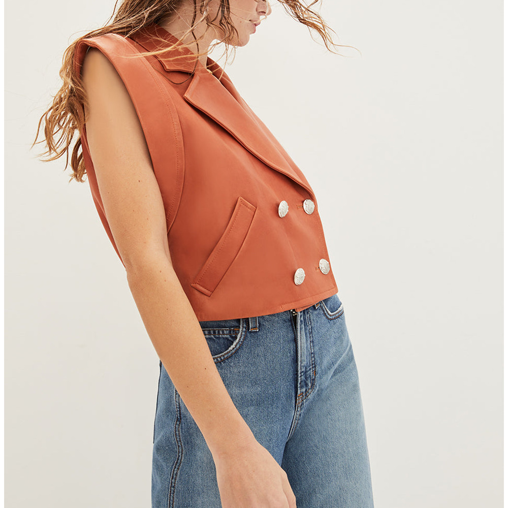 Veronica Beard Leather Rust Orange Cropped Double-Breasted Vest